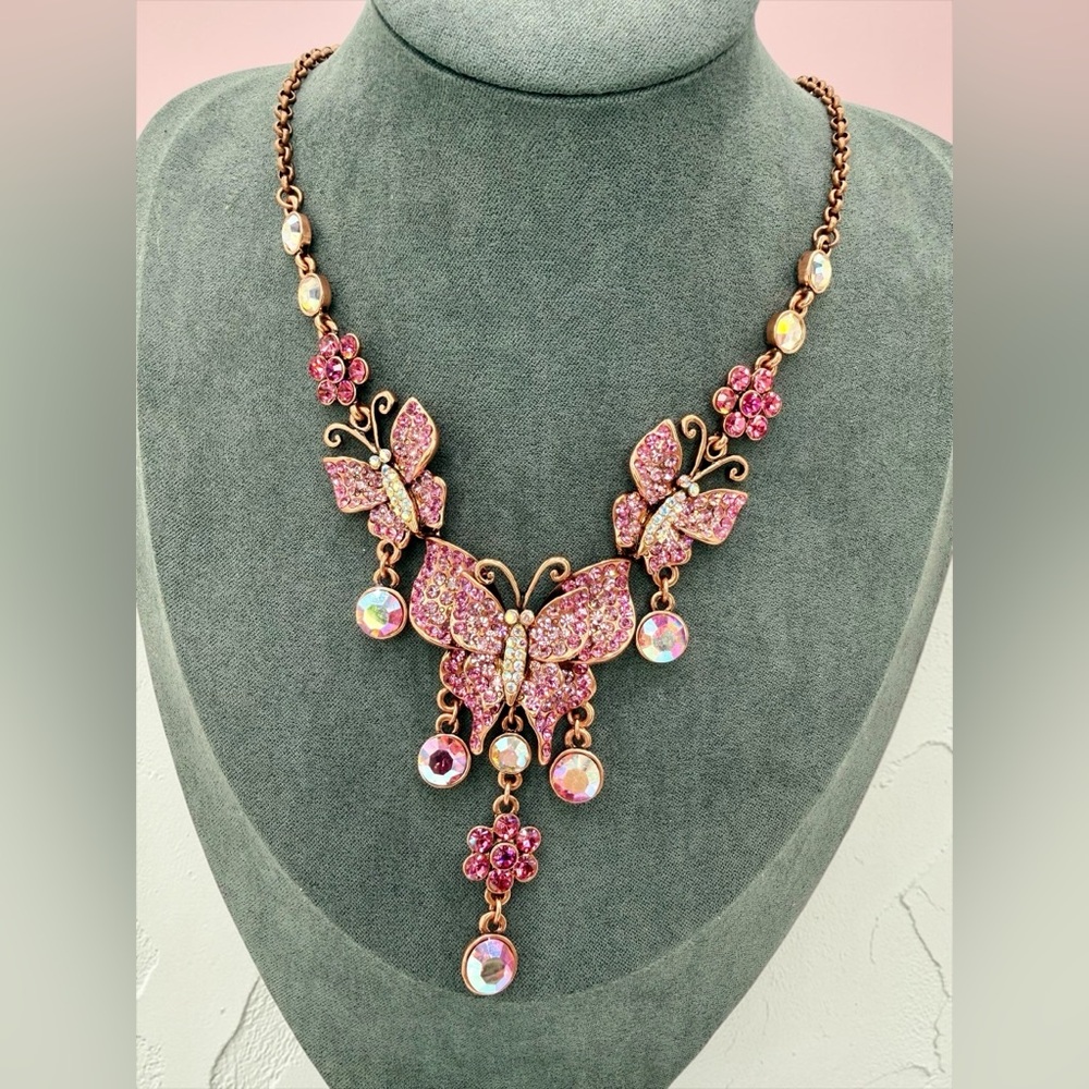 Kirks Folly Pink Butterfly Rhinestone Necklace AB Drop Signed 16”-19” whimsical - Picture 3 of 17